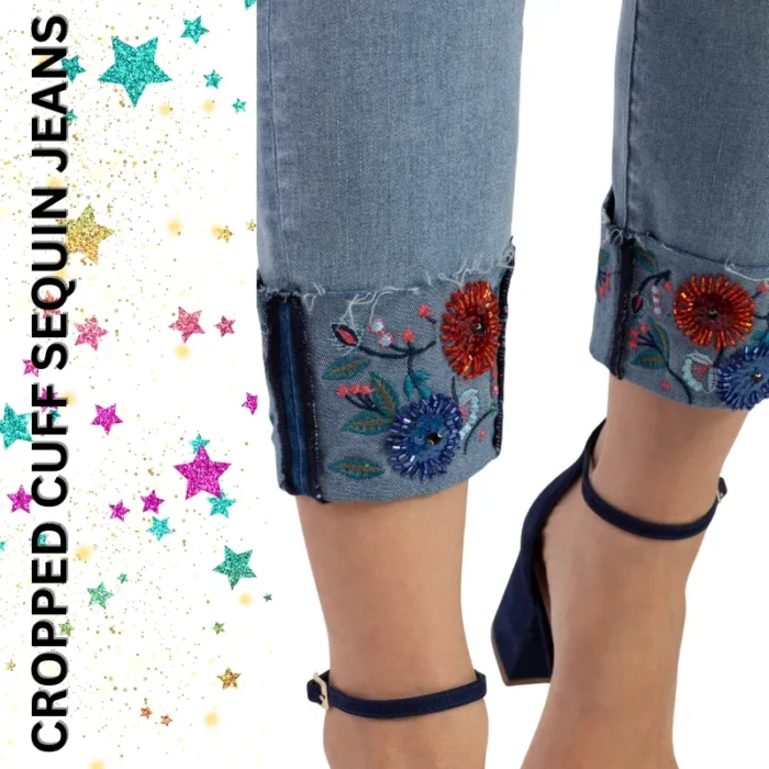 Womens Cropped Cuff Sequin Jeans - Image 3